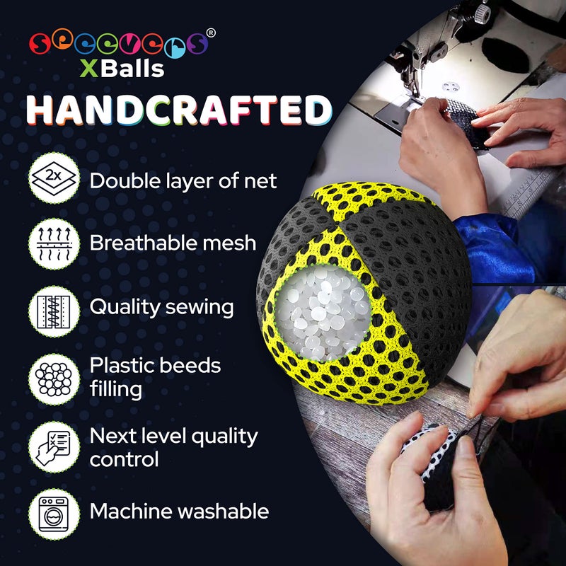 speevers Juggling Balls for Beginners and Professionals Set of 3, 14 Colors Available, 2 Layers of Net and Carry Case, Xballs Juggling Balls (Black - Yellow, 3.9 oz) - Image 4
